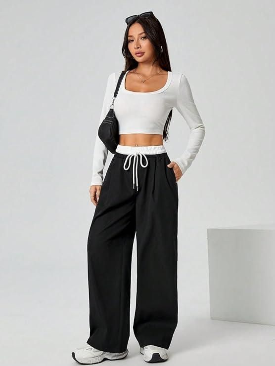 Women's Wide Leg Casual Black Pants - Hip Hop Style